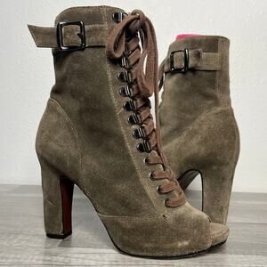 𝅺SAM Edelman Belmont Suede Zip Peep Toe Lace Up Ankle Boots Size 6 1/2